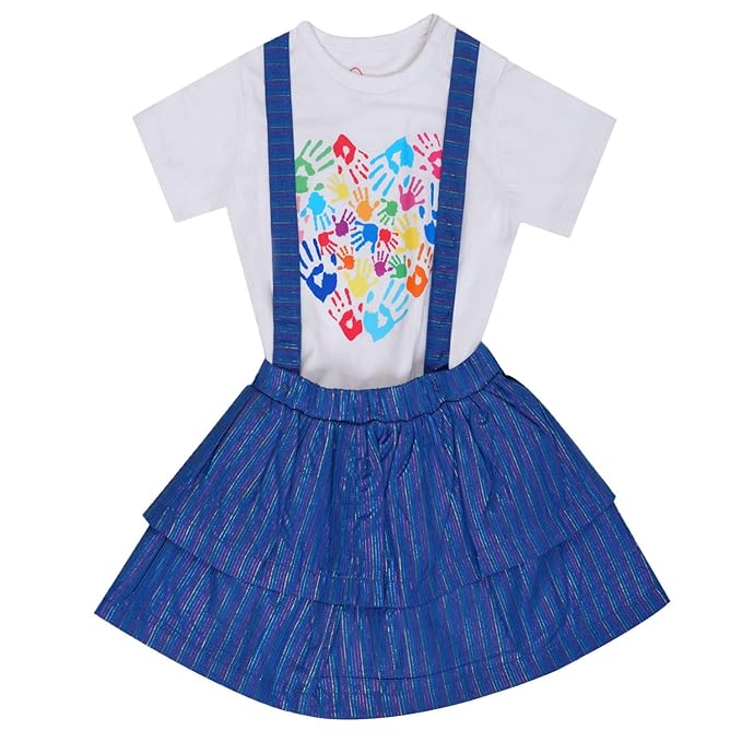 Blue and white cotton top and skirt set for girls